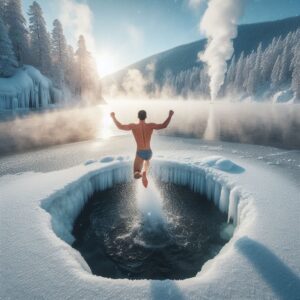 person ice swimming after sauna